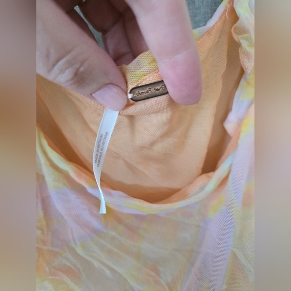 Free People Avenue Printed Ruched Tank Top Large Orange/Ivory Combo Square Neck - Picture 4 of 5